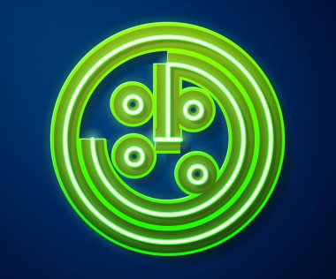 Glowing neon line Radar with targets on monitor in searching icon isolated on blue background. Search system. Navy sonar. Vector.