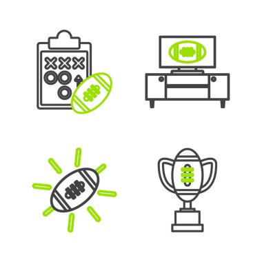 Set hattı ödül kupası ve Amerikan futbol topu TV programı standında ve Planlama strateji ikonu. Vektör.