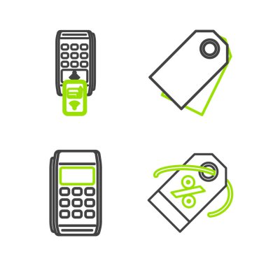Satır İndirim yüzde etiketi Pos terminal boş etiket şablon fiyat ve POS 'u yazdırılmış alıcı ile ayarlayın ve akıllı telefon simgesi ile ödemeyi onaylayın. Vektör.