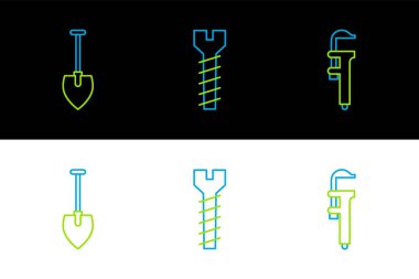 Calliper ya da caliper hattını ayarlayın ve Kürek ve Metalik vida simgesini ölçeklendirin. Vektör.