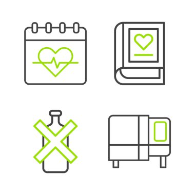 Yatağı ayarla. Alkol yok. Tıp kitabı ve kalp atış hızı ikonu. Vektör.