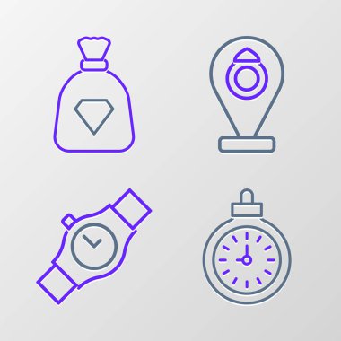 Cep saati bileklik mağazası ve mücevher ikonlu çanta ayarla. Vektör.