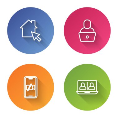 Çevrimiçi hat çalışıyor, Freelancer, video kamera kapalı ve sohbet konferansı. Renkli daire düğmesi. Vektör.