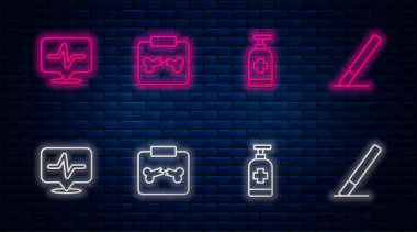 Kırık kemik antibakteriyel sabun, kalp atışı ve cerrahi neşterle röntgen çekimini ayarla. Tuğla duvarda parlayan neon simgesi. Vektör.