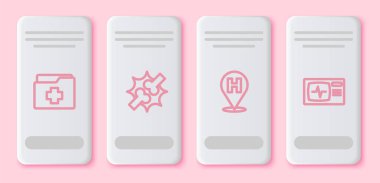 Eklem ağrısı, diz ağrısı, konum tespiti ve kardiyogramla monitör rekorunu kırın. Beyaz dikdörtgen düğme. Vektör.