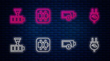 Düşük batarya şarjı ve elektrik tasarruf prizini yaprağa yerleştir. Tuğla duvarda parlayan neon simgesi. Vektör.