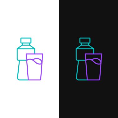 Beyaz ve siyah arkaplanda cam ikonlu bir şişe su. Soda su içme tabelası. Renkli taslak konsepti. Vektör.