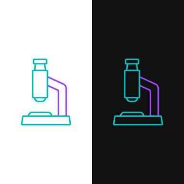 Çizgi mikroskobu simgesi beyaz ve siyah arkaplanda izole edildi. Kimya, ilaç aleti, mikrobiyoloji büyütme aracı. Renkli taslak konsepti. Vektör.