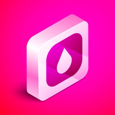 Isometric Water drop icon isolated on pink background. Silver square button. Vector.