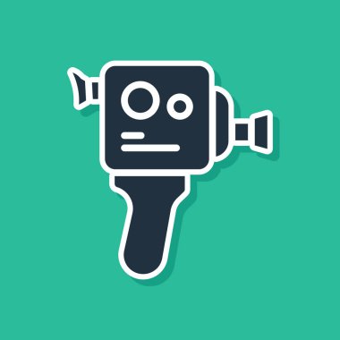 Mavi Retro sinema kamerası ikonu yeşil arkaplanda izole edildi. Video kamera. Film tabelası. Film projektörü. Vektör.