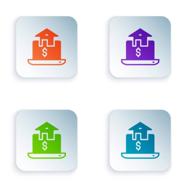 Tarayıcı simgesindeki Color Online emlak evi beyaz arka planda izole edildi. Ev kredisi konsepti, kira, satın alma, mülk alma. Kare düğmelere renkli simgeleri yerleştir. Vektör.