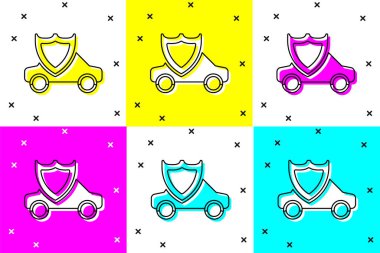 Kalkan simgesine sahip arabayı renk arkaplanına ayarla. Sigorta konsepti. Güvenlik, güvenlik, koruma, konsept koruma. Vektör.