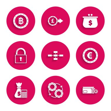 İş hiyerarşisi organizogram grafiği bilgi grafiğini bozuk para para sembolü avro hesap makinesi çanta Lock Cüzdan ve Kriptopara birimi Bitcoin simgesi ile Envelope 'ye ayarla. Vektör.