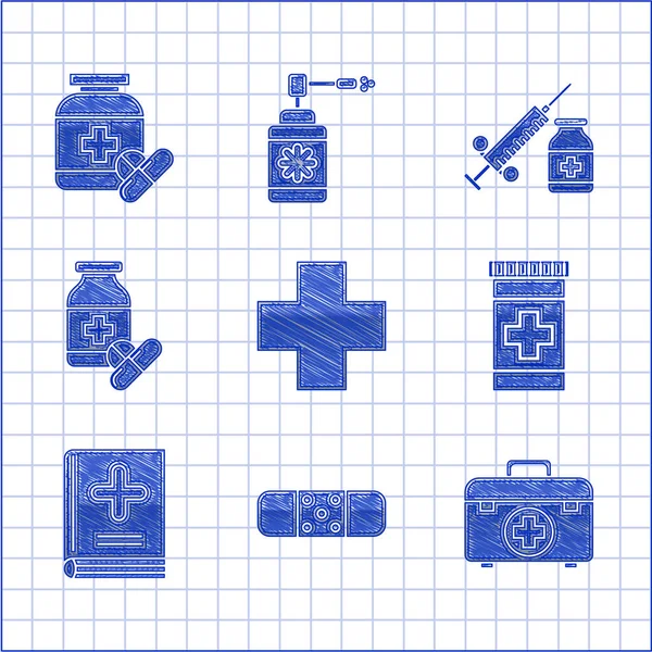 Set Cross Ospedale Medico Bendaggio Gesso Kit Pronto Soccorso Flacone — Vettoriale Stock