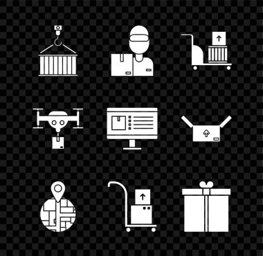 Konteynırı karton kutuları olan vinç teslimatçısına ayarla. Elektronik el arabası ve El Hediye Dronu pakete ve bilgisayar monitörü uygulama dağıtım ikonu. Vektör.