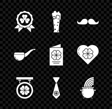 Madalyayı dört yapraklı yonca camı bıyıklı sokak tabelası kravat cadısı kazanı ve gökkuşağı tüttürme piposu ve Aziz Patricks Günü broşür kartpostal ikonu ile sabitleyin. Vektör.