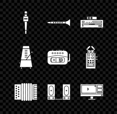 Mikrofon Klarnet Müzik CD çalar Müzikal enstrüman enstrümanı Stereo Video kaydedici düzenleyici yazılım monitörü Metronome 'u sarkaç hareketi ve bant ikonu ile ayarla. Vektör.