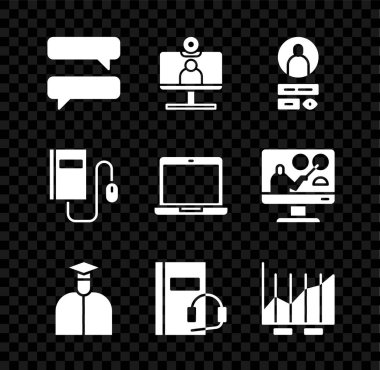 Konuşma baloncuğu sohbet video konferansını ayarlayın. Fare ve dizüstü bilgisayar simgesi ile Öğrenci Ses kitabı grafiği çizelgesi oluşturun. Vektör.