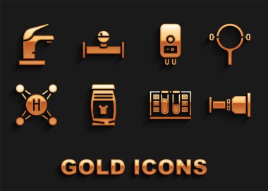 Çamaşır deterjanı filtre anahtarı boru adaptör test tüpünü su damlası su musluğu elektrikli kazan ve sanayi borusu ve manometre simgesi ile ayarla. Vektör.