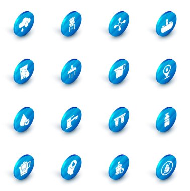 Su soğutuculu musluk lavabosunu bardaktan düşme duş yeri ve cam sürahi ikonu ile ayarla. Vektör.