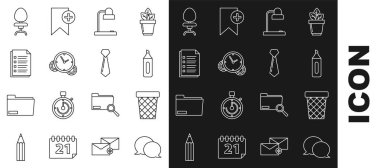 Konuşma balonu sohbet satırını ayarla Çöp Kutusu İşaretleyicisi Masa Lambası Zaman Yönetimi Dosya Ofisi başkanı ve Kravat simgesi. Vektör.