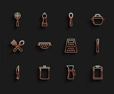 Sıralı Bıçak Pişirme Tenceresi Spatula Ölçme Kabı Mutfak Kevaşesi ve Grater ikonu. Vektör.