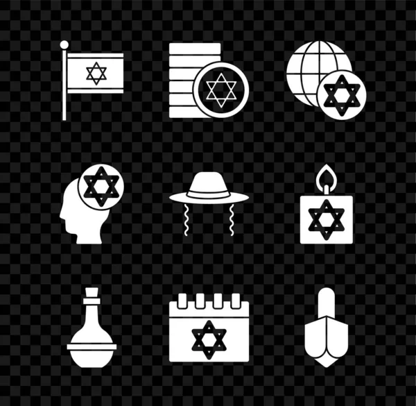 이스라엘의 유대인 글로브와 포도주 하누카 드레데델 모자와 아이콘을 Vector — 스톡 벡터