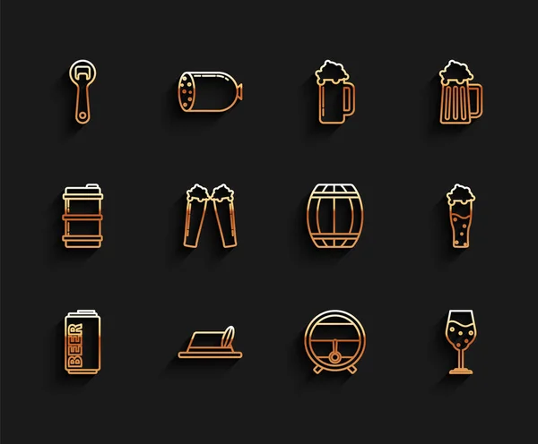 设定线啤酒可以奥托伯斯特帽子开瓶器木桶架与瓶塞杯啤酒和图标 — 图库矢量图片