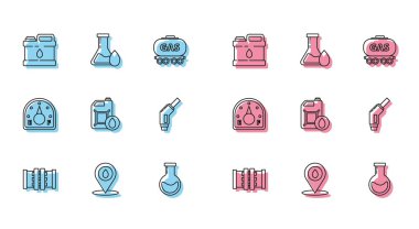 Hat hattı metalik borular ve motor yağı test tüpü tüpü benzin pompası enjektörü motor gaz göstergesi ve yağ testi ikonu için kapakçık yakıt doldurma tüpünü ayarlayın. Vektör.