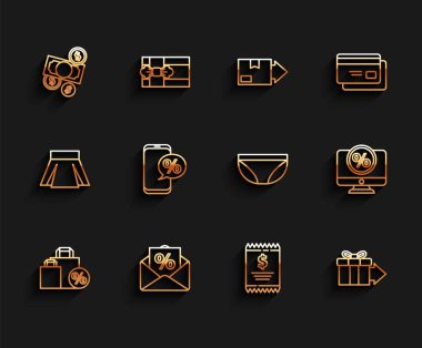 İndirimli Shoping çanta bir faiz para nakit ve bozuk para Kağıtlar çek kutusuna yüzde yüz telefon monitörü ve iç çamaşırı ikonu. Vektör.