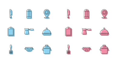 Spatula Kitchen süzgeci bıçaklı kahve pişirme kabı tepsi yemek kesme tahtası ve tuz ikonu ile kaplanmış. Vektör.