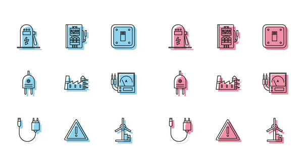 Set Line Lader Uitroepteken Driehoek Oplaadstation Voor Elektrische Auto Windturbine — Stockvector