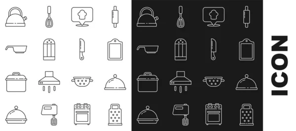 设置线磨床覆盖与托盘的食品切菜板厨师帽位置盐煎锅壶柄和刀具图标 — 图库矢量图片