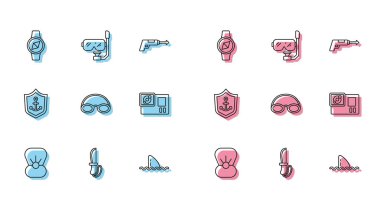 Shell 'i inci bıçaklı pusula köpekbalığı yüzgeci ile okyanus dalgası gözlüğü ve kapak aksiyon kamera anchor ve dalış maskeli şnorkel ikonu ile ayarla. Vektör.