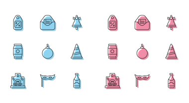 İç hat, şömine maskesi, Festive Price etiketi, indirimli şampanya şişesi, Noel partisi şapkası, bira kutusu ve parti davetiyesi ikonu. Vektör.