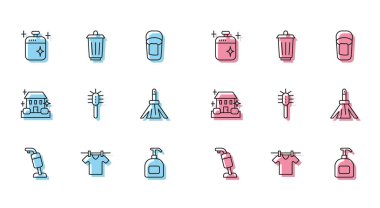 Elektrikli süpürge, kuru temizleme, temiz yemek tenceresi, sıvı sabun, tuvalet fırçası temizlik hizmetleri ve çöp tenekesi ikonu. Vektör.