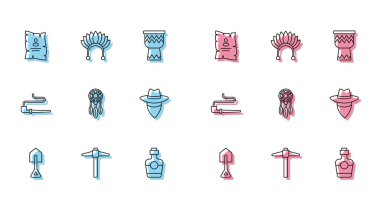 Shovel Pickaxe, Kovboy Sigara piposu ve Kızılderili başlığı ikonu olan tekila şişeli rüya avcısı aranıyor. Vektör.