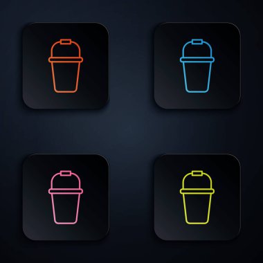 Renkli neon çizgi Bucket simgesi siyah arkaplanda izole edildi. Kare düğmelere simgeleri yerleştir. Vektör.