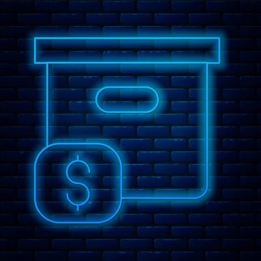 Duvarda izole edilmiş fiyat etiketi simgesi olan parlak neon çizgili karton kutu. Kutu, paket, paket işareti. Teslimat ve ambalaj. Vektör.