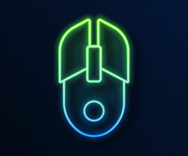Parlayan neon hattı Bilgisayar fare simgesi mavi arkaplanda izole edildi. Tekerlek sembollü optik. Vektör.