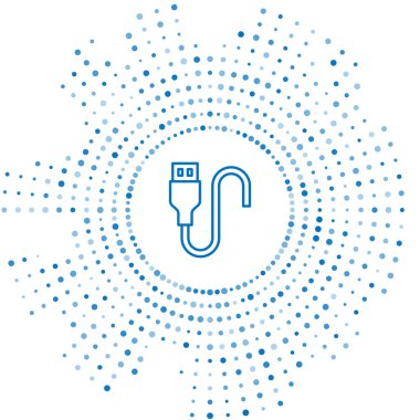 Mavi çizgi USB kablo ikonu beyaz arkaplanda izole edildi. PC ve mobil cihazlar için bağlantı ve soketler. Soyut çember rastgele noktalar. Vektör.