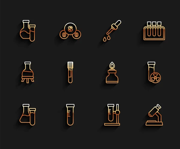 Stel Lijn Testbuiskolf Standaard Microscoop Met Giftige Vloeistof Pictogram Van — Stockvector