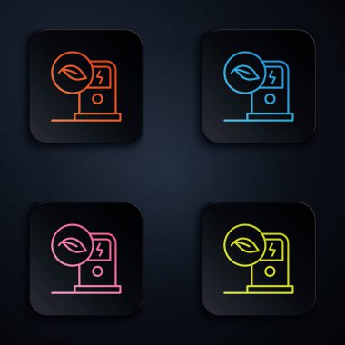 Renkli neon hattı elektrik araba şarj istasyonu simgesi siyah arkaplanda izole edildi. Eko elektrik yakıt pompası tabelası. Kare düğmelere simgeleri yerleştir. Vektör.