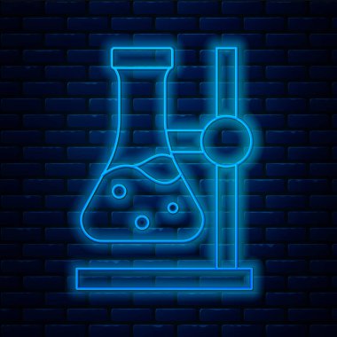 Parlayan neon hattı cam tüp şişesi, tuğla duvar arka planında izole edilmiş bir sembol üzerinde. Laboratuvar ekipmanları. Vektör.