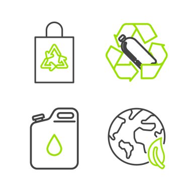 Benzin, plastik şişe ve plastik torba ve geri dönüşüm ikonlu plastik torba için Dünya küresi ve yaprak kutusunu hazırlayın. Vektör.