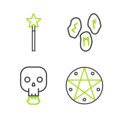 Çizgi Pentagram 'ı bir çember şeklinde, Kafatası Sihirli rünleri ve değnek ikonu şeklinde ayarla. Vektör.