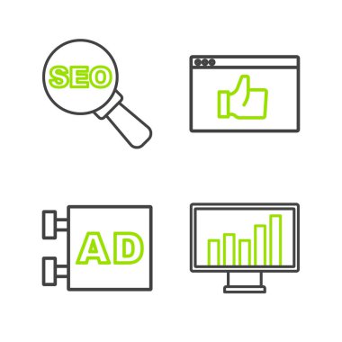 Grafik grafiği reklamı yapan müşteri ürün derecelendirme ve SEO optimizasyon simgesi ile çizgi izleyicisini ayarla. Vektör.