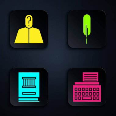 Retro daktilo, soru işareti, hukuk kitabı ve tüy kalemli Anonymous. Siyah kare düğme. Vektör.