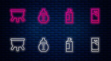 Bebek sütünü şişeye koy, krem şanti, Meme ve Bardakla. Tuğla duvarda parlayan neon simgesi. Vektör.