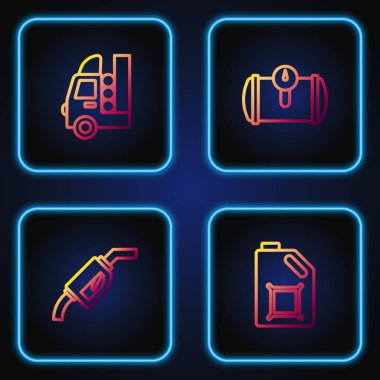 Motor yağı, benzin pompası enjektörü, tank aracı ve... Renk simgeleri. Vektör.